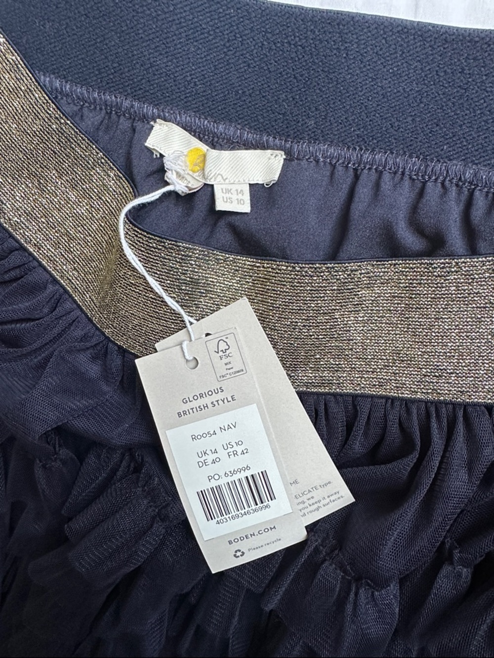 NWT - BODEN - Women's Navy Tiered Ruffle Skirt with Metallic Waistband - Sz 10 - Picture 8 of 10